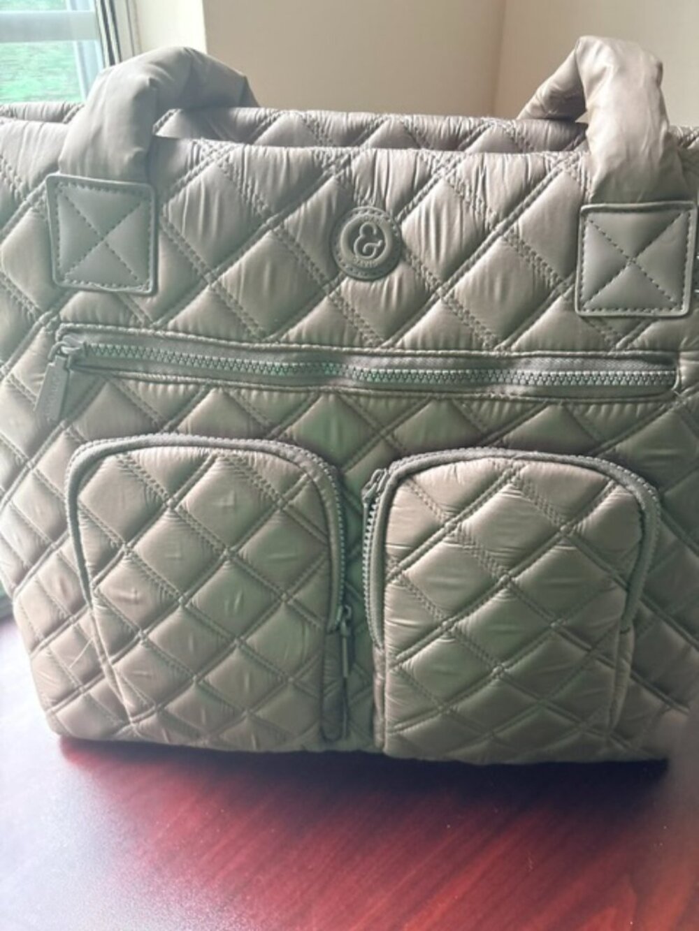 Joan & David Quilted Nylon Tote Bag Taupe/Olive – Large Lightweight Puffer Style
